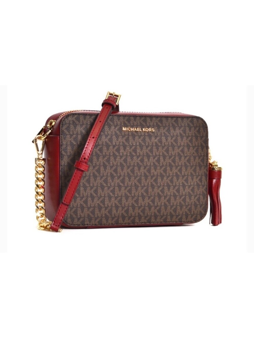 Michael Kors Jet Set Large Crossbody Bag In Red & Brown With Tassel NWOT